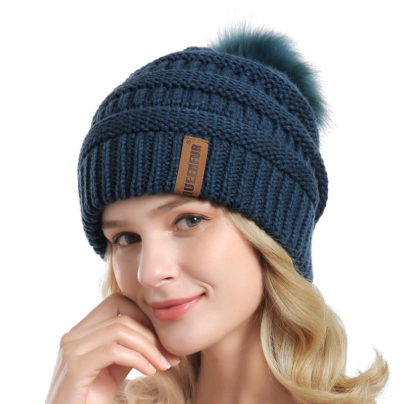 QUEENFUR Women Knit Slouchy Beanie Chunky Baggy Hat with Faux Fur Pompom Winter Soft Warm Ski Cap - Image 2